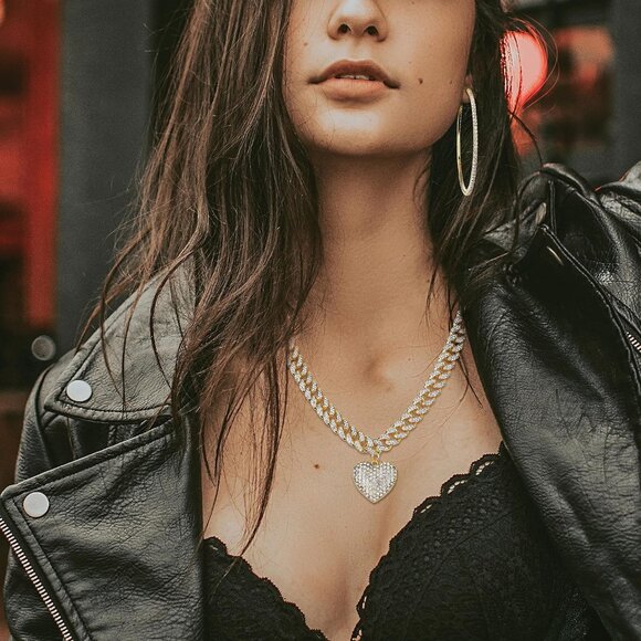 Cuban Link Chain Jewelry Set Cuban Chain Necklace Cuban Link Bracelet Rhinestone - Picture 4 of 6